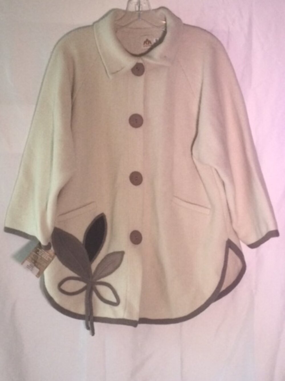 Wool Blend Arachne Poncho Cardigan Jacket M Cream Brown Floral Appliqué Button